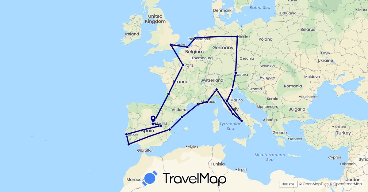 TravelMap itinerary: driving in Austria, Belgium, Germany, Spain, France, United Kingdom, Italy, Netherlands, Portugal (Europe)